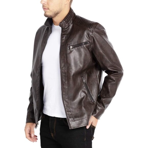 Men's Coffee1301 Stand Collar Leather Motorcycle Lightweight Faux Leather Jacket - Picture 5 of 7